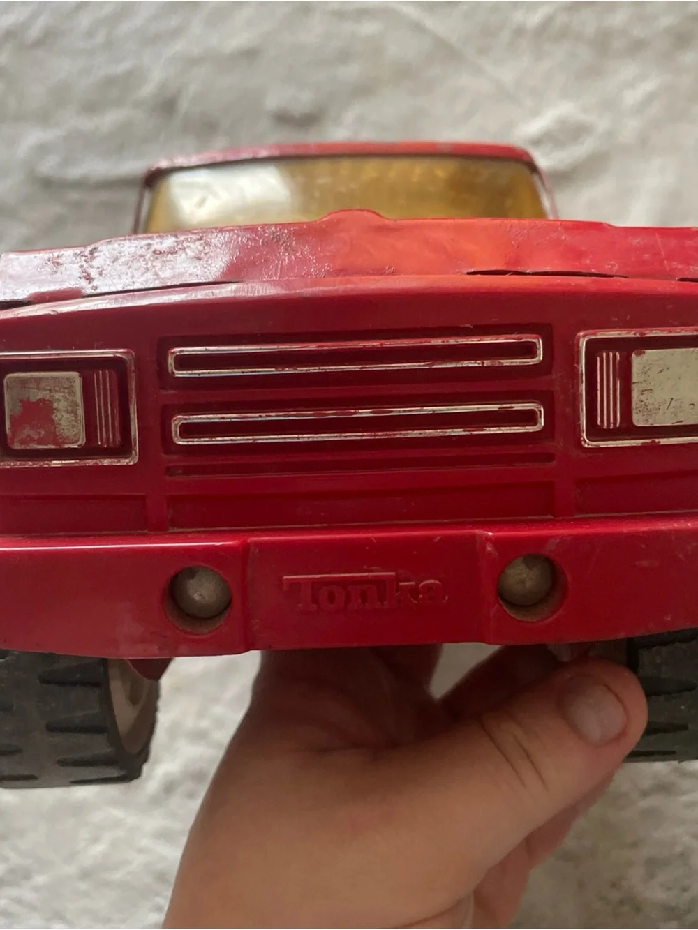 1970’s Tonka Red Pickup Truck with Yellow & Blue Stripe Accents